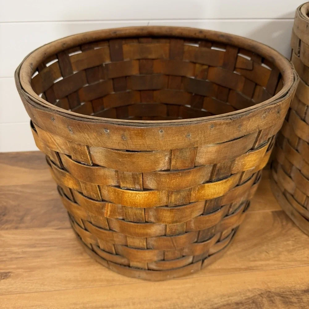 Antique S-XL Nesting Wood Splint Baskets *Flaws* Dark Woven Slats‎ With Tacks